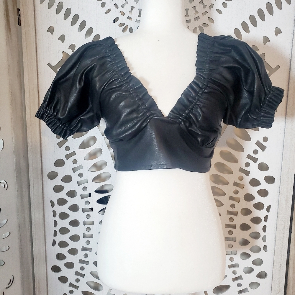 Black Ruched Faux Leather Crop Top